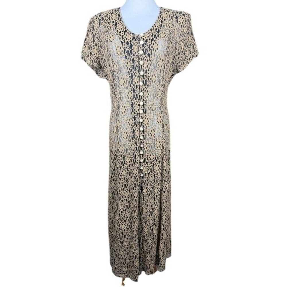 Sheena Los Angeles Women Gold Black Floral Lace Button Front Maxi Dress Back Tie